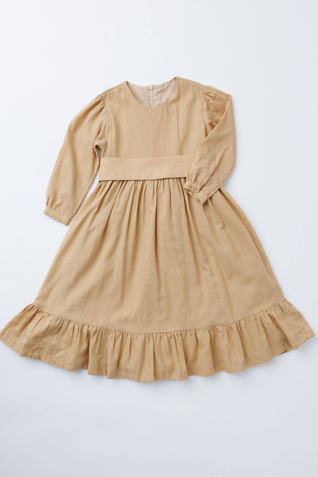 Khaki cotton ruffle modest church dress for toddler girls ages 2-5 - MonkeyFish