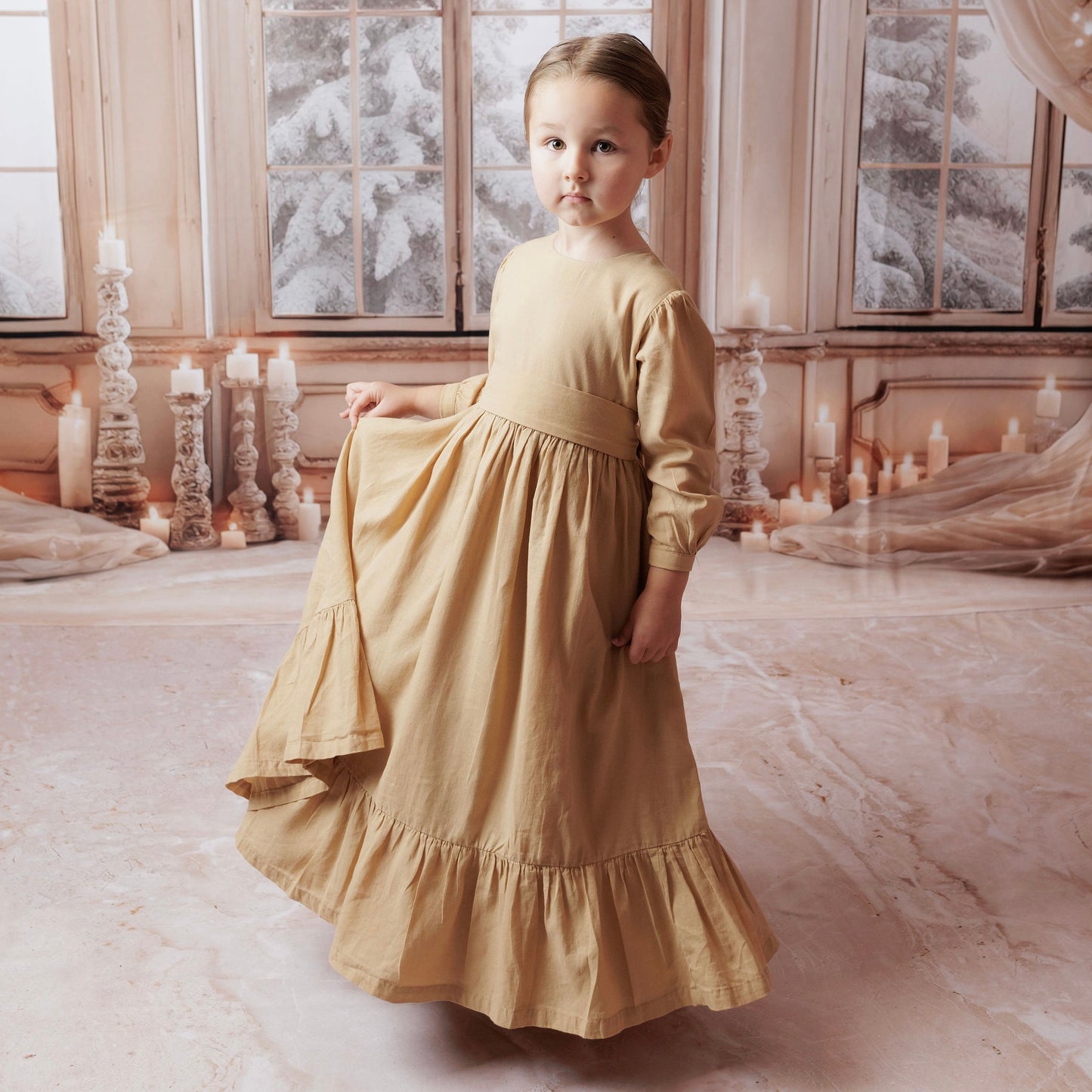 Cotton Khaki Ruffle Dress 2Y-5Y | MonkeyFish Russian Traditional Dress